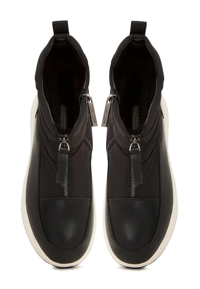 A stylish pair of black platform winter boots, perfect for staying warm and fashionable during the cold season.