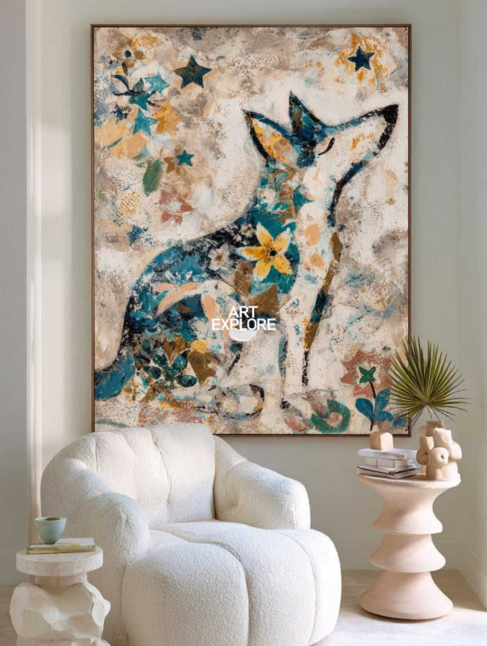 Modern Abstract Animal Art Beige And Blue Wolf Painting For Living Room Decor