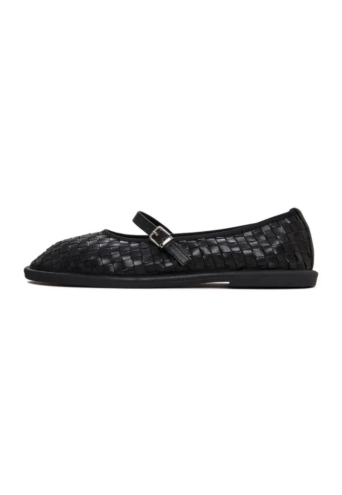 A stylish pair of black Woven Elegance Mary Janes, perfect for women looking for fashionable and elegant shoes.