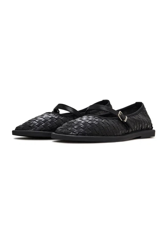 A stylish pair of black Women's Mary Janes featuring woven elegance, perfect for any fashion-forward outfit.