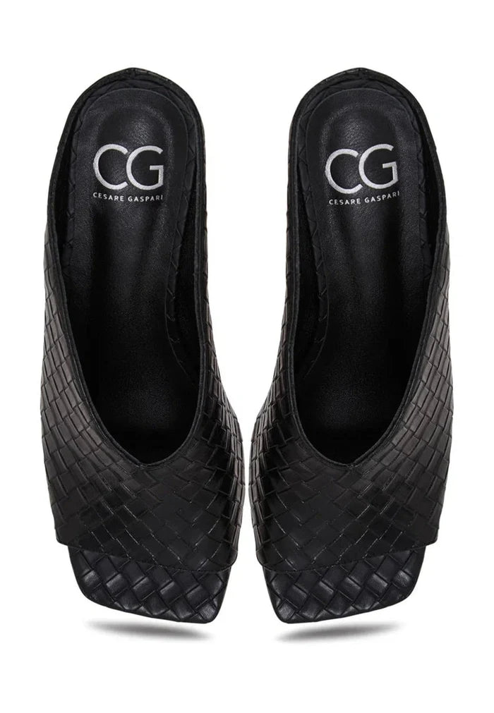 Woven Leather Mules with Kitten Heels