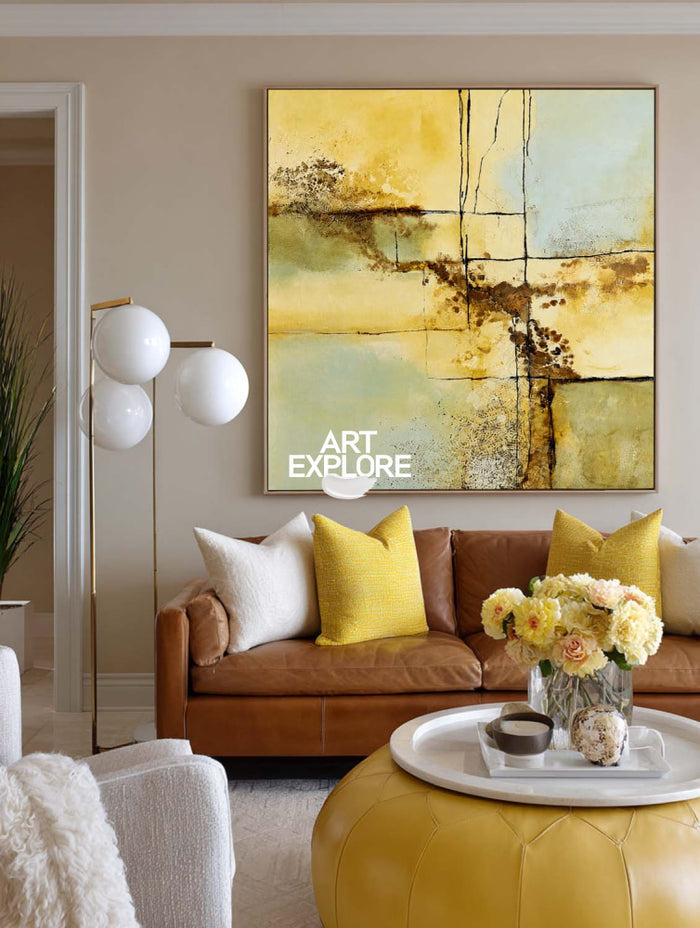 Modern Abstract Yellow Blue Green Painting With Geometric Lines For Contemporary Home Decor