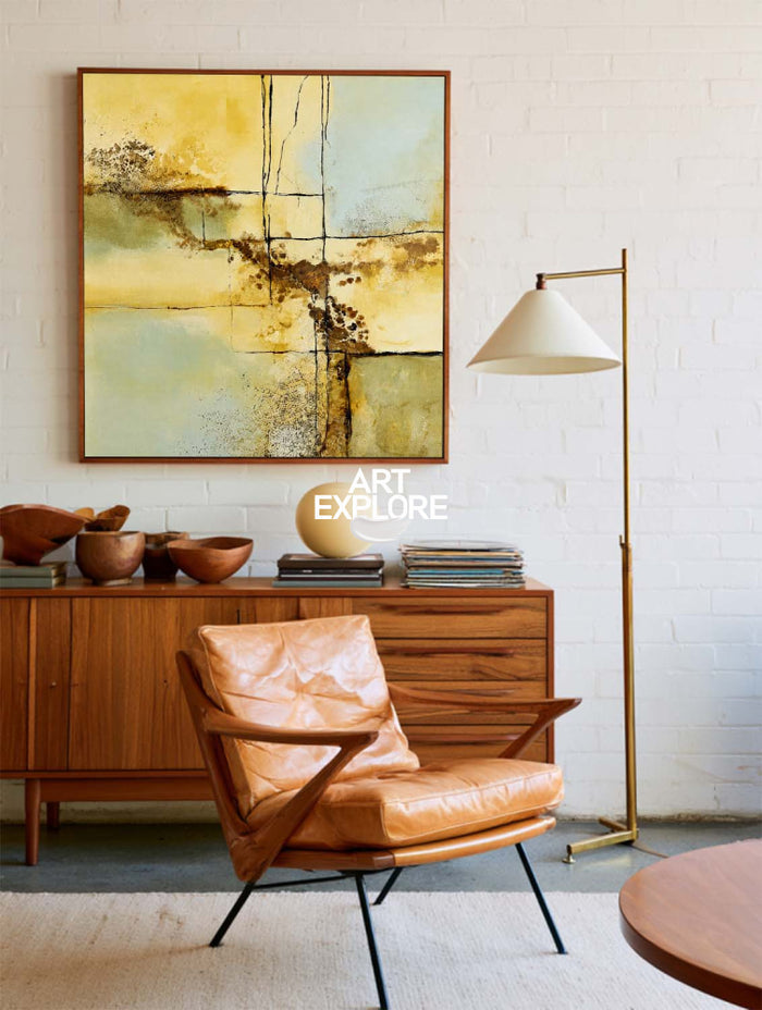 Modern Abstract Yellow Blue Green Painting With Geometric Lines For Contemporary Home Decor