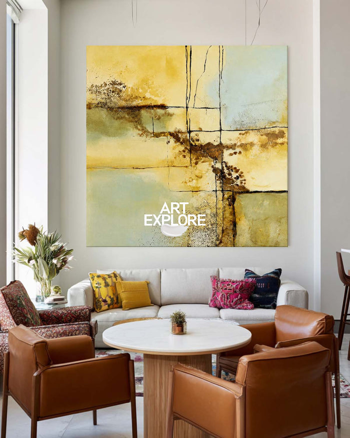 Modern Abstract Yellow Blue Green Painting With Geometric Lines For Contemporary Home Decor