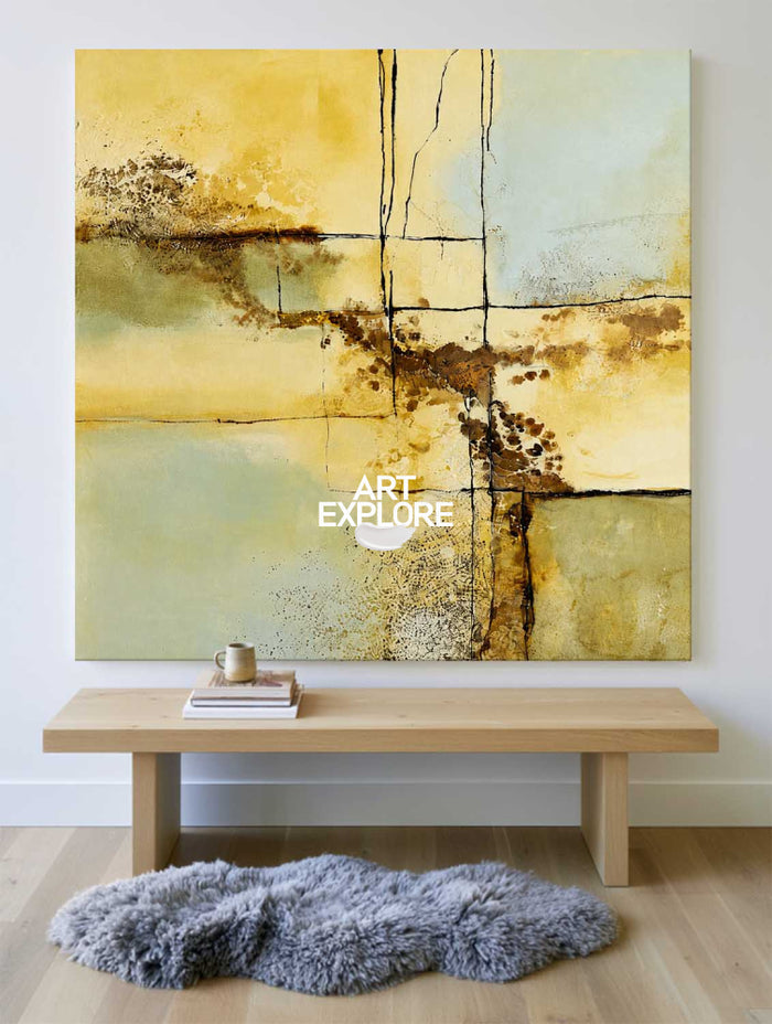 Modern Abstract Yellow Blue Green Painting With Geometric Lines For Contemporary Home Decor